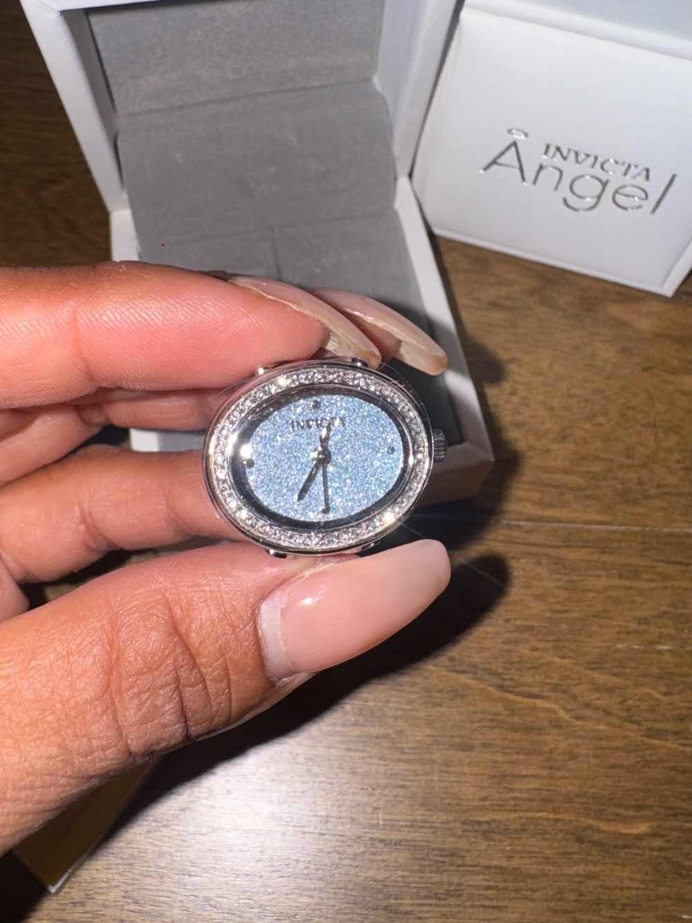 Invicta Angel Silver Case Blue Glitter Dial Watch Face